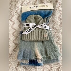 Steve Madden Green and Blue Scarf and Beanie Set